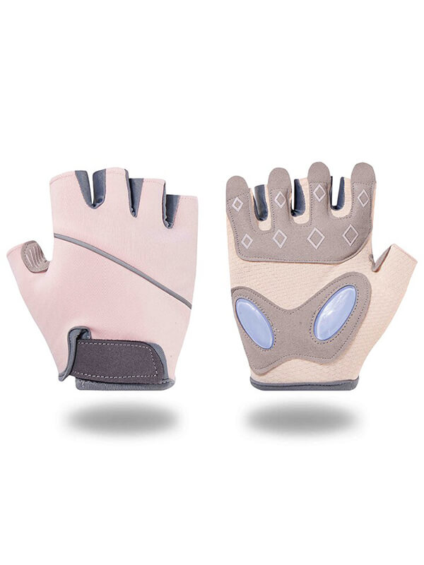 Silicone anti-shock weight lifting gloves in pink and gray, half-finger design with durable nylon and padding.